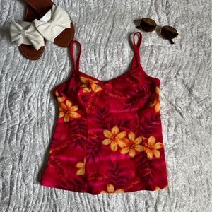 EUC!🔥Vintage Red Floral Spaghetti-Strap Swim Top - Tropical Print